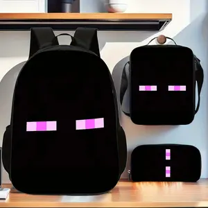 Minecraft Enderman 3-Piece Backpack Set, Purple Eyes Print School Bag + Lunch Bag + Pencil Case, Oxford Cloth Adjustable Strap Daypack for Gamers & Kids