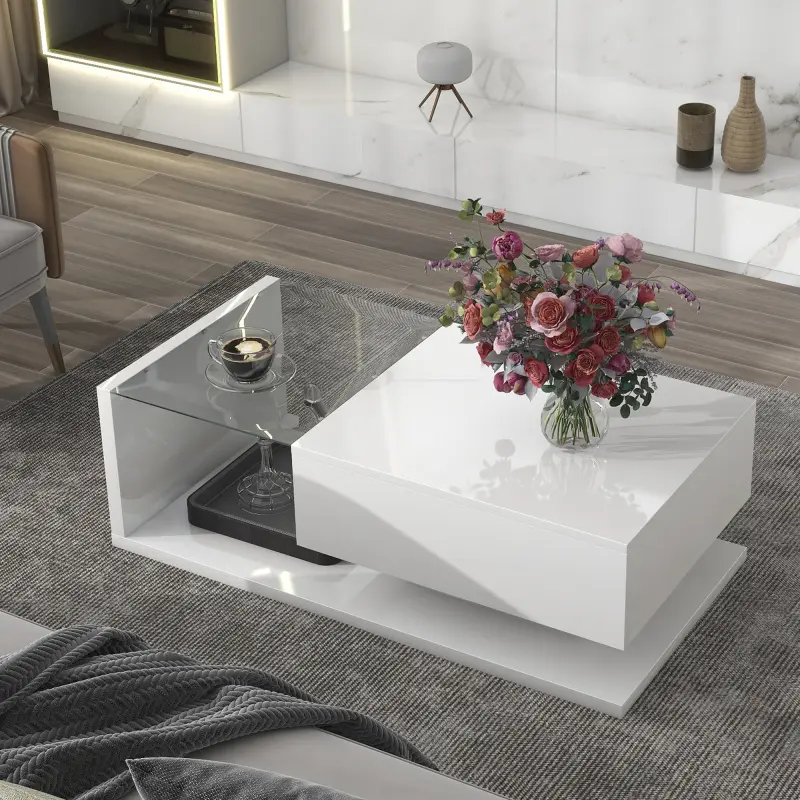 [VIDEO provided] ON-TREND Modern Coffee Table with Tempered Glass, Wooden Cocktail Table with High-gloss UV Surface, Modernist 2-Tier Rectangle Center Table for Living Room, White/Black
