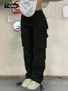 Women's Essential Woven Plain Button Pocket Cargo Pants, Casual Street Drawstring Trousers Fit for Daily Wear, Ladies Bottoms for All Seasons