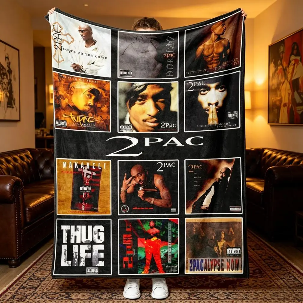 2Pac Tupac Shakur Album Art Collage Fleece Blanket, Makaveli Thug Life Plush Throw, Soft Cozy Blanket for 90s Rap Collectors, Hip Hop Fan Gift