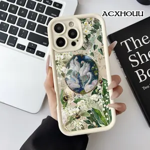 Softcase for iPhone 17 16 E Pro Max 15 Plus 14 13 12 11 XS XR Swan & Bloom Whimsical Collage Shockproof Silicone Lightweight Anti-Scratch Cover