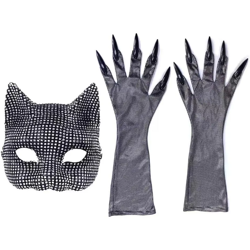 Christmas Day Halloween Rhinestone Woman Mask Gloves Sets Cosplay Cat Costume Half Face Cat Mask, Long Gloves with Black Pointed Nails