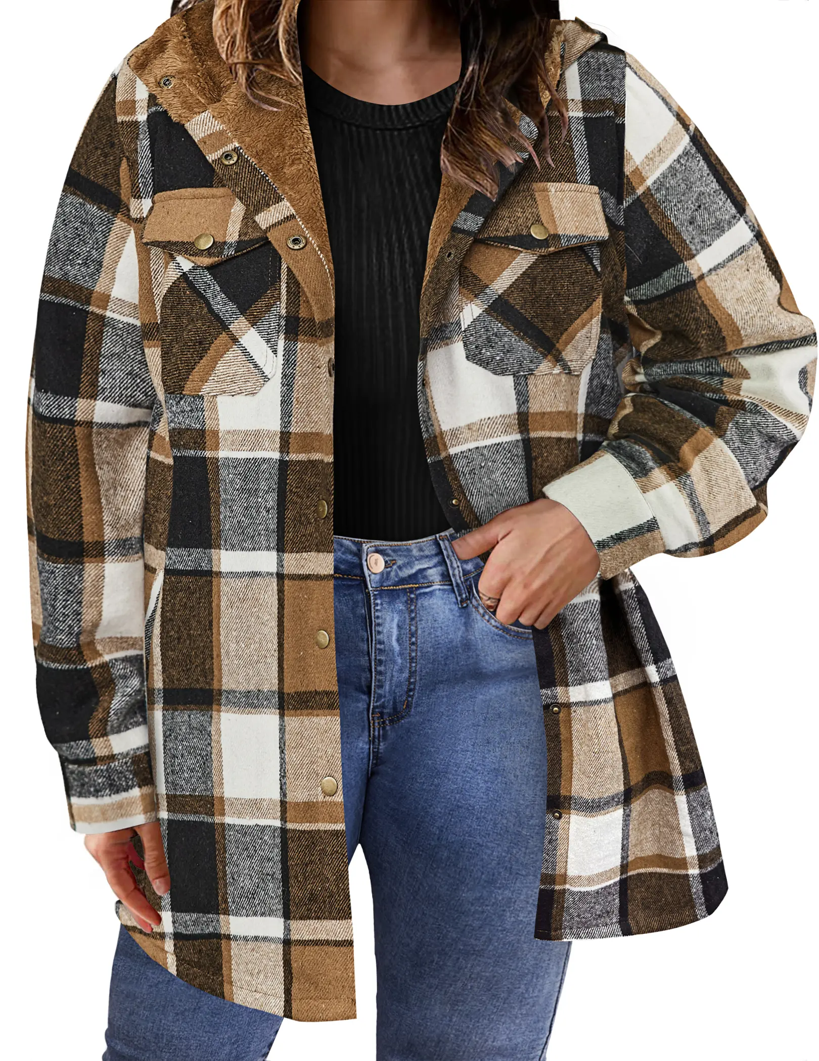 Women's Plus Size Plaid Shacket, Casual Fleece-Lined Hooded Jacket with Pockets, Long Sleeve Button-Down Cotton Blend Coat, Tops