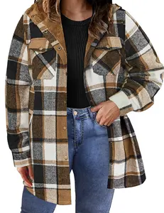 Women's Plus Size Cotton Blend Flannel Plaid Shacket - Button-Down Hooded Fleece-Lined Longsleeve, Casual Bodycon Crop Outerwear for Fall Winter Outdoor Use, Comfortable Love-Inspired Clothes
