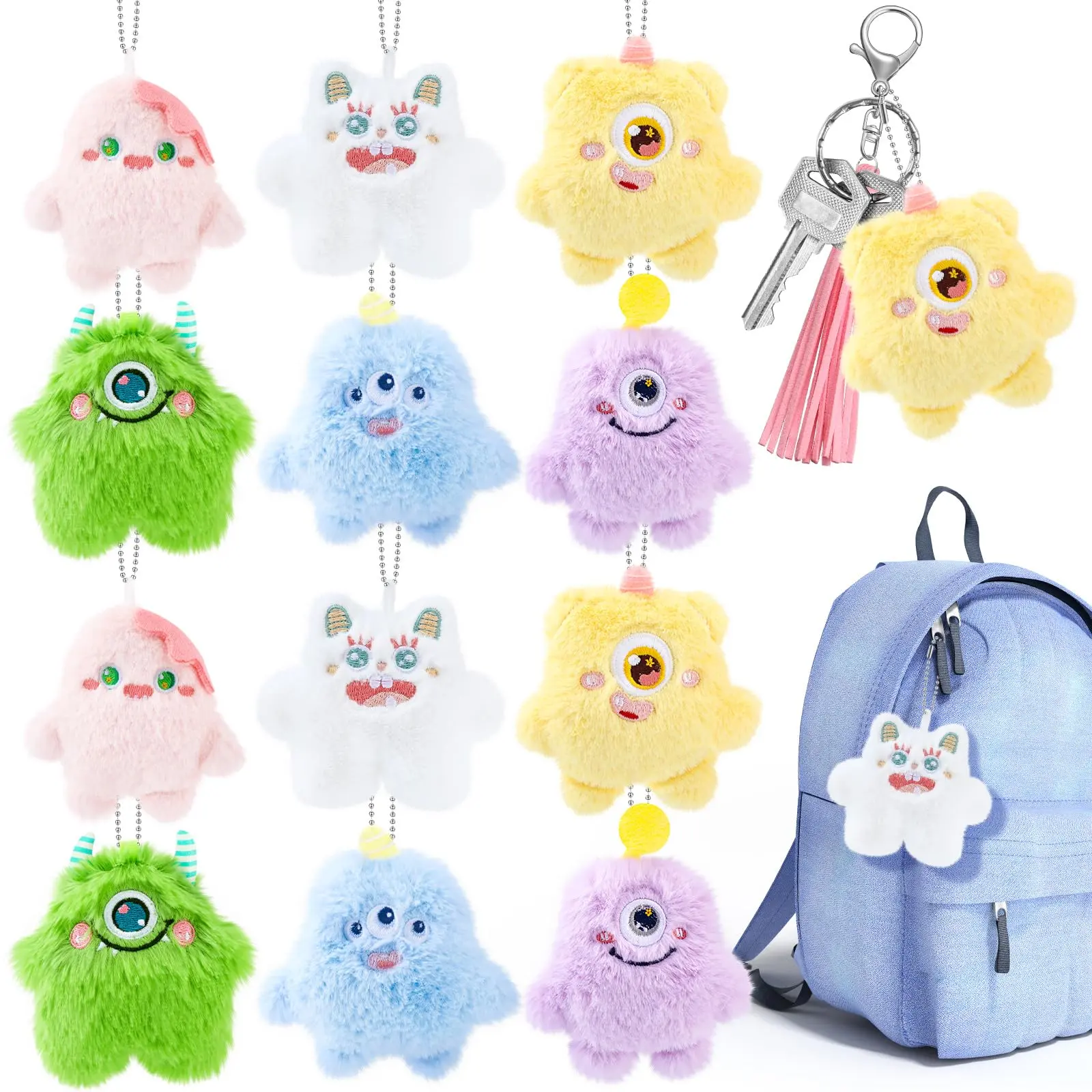 9/12/24/48 Pcs Mini Stuffed Animals Keychain Back to School Gifts from Teachers Cute Fuzzy Monster Keychain Gift Unique Styles for Kids Students Adults with Metal Hook for Backpack Classroom Reward End of Year Birthday Halloween Gifts Party Supplies