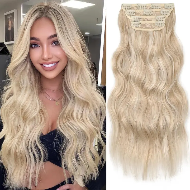 [KooKaStyle]  Clip in Long Wavy Synthetic Hair Extension 24 Inch Pearl Blonde 4PCS Thick Hairpieces Fiber Double Weft Hair for Women 613,sohochic