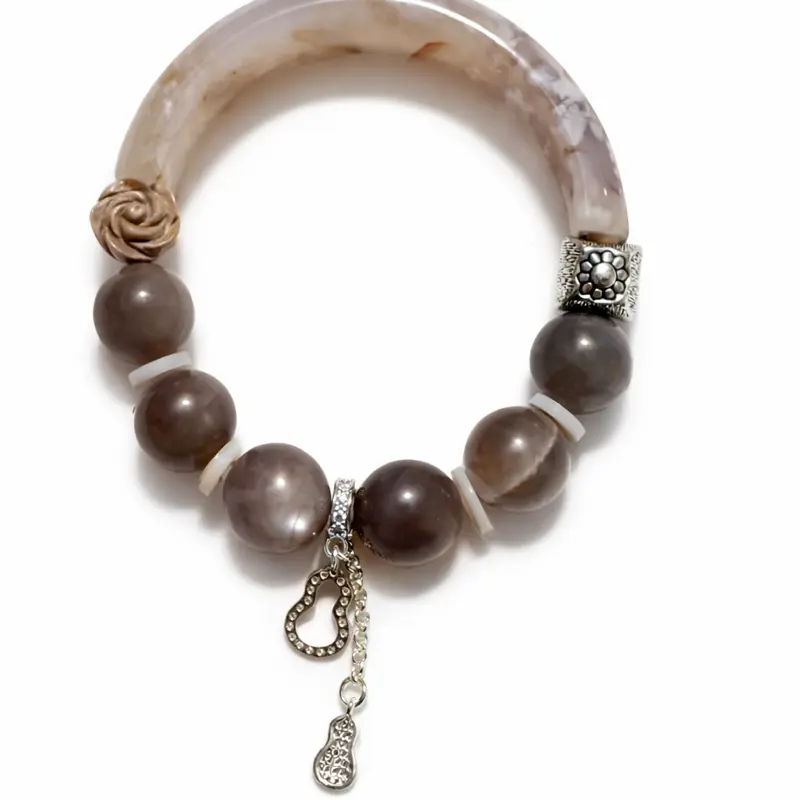 Peach Moonstone Beads & Agate Statement Half Bangle - Modern Elegance Collection, Fashion Costume Jewelry Accessory