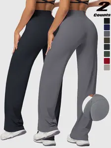 Women's High Waist Wide Leg Yoga Pants, Peach Butt Long Straight Leg Workout Pilates Fitness Quick-Dry Gym Wear, Polyester + Elastane, Stretchy High Waist