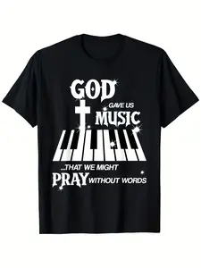 Men'S Relaxed Black Tee Featuring a Design of White Piano Keys And Stars - a Graphic That Celebrates The Gift of Music for Silent Prayers. Made from Breathable, It Offers a Regular Fit with a Crew Neck, Perfect for All Seasons, Plus Size