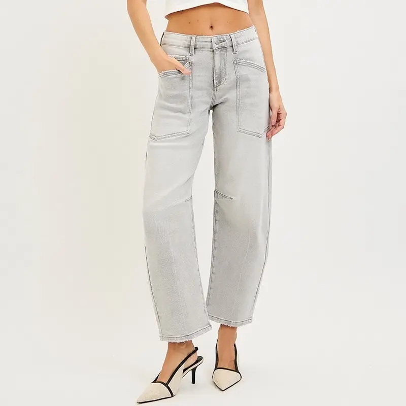 Patch Pocket Barrel Jeans - Mid Rise, Barrel-leg Silhouette, Stretchy & Comfortable, 93% Cotton, 5% Polyester, 2% Spandex, Perfect for Everyday Wear