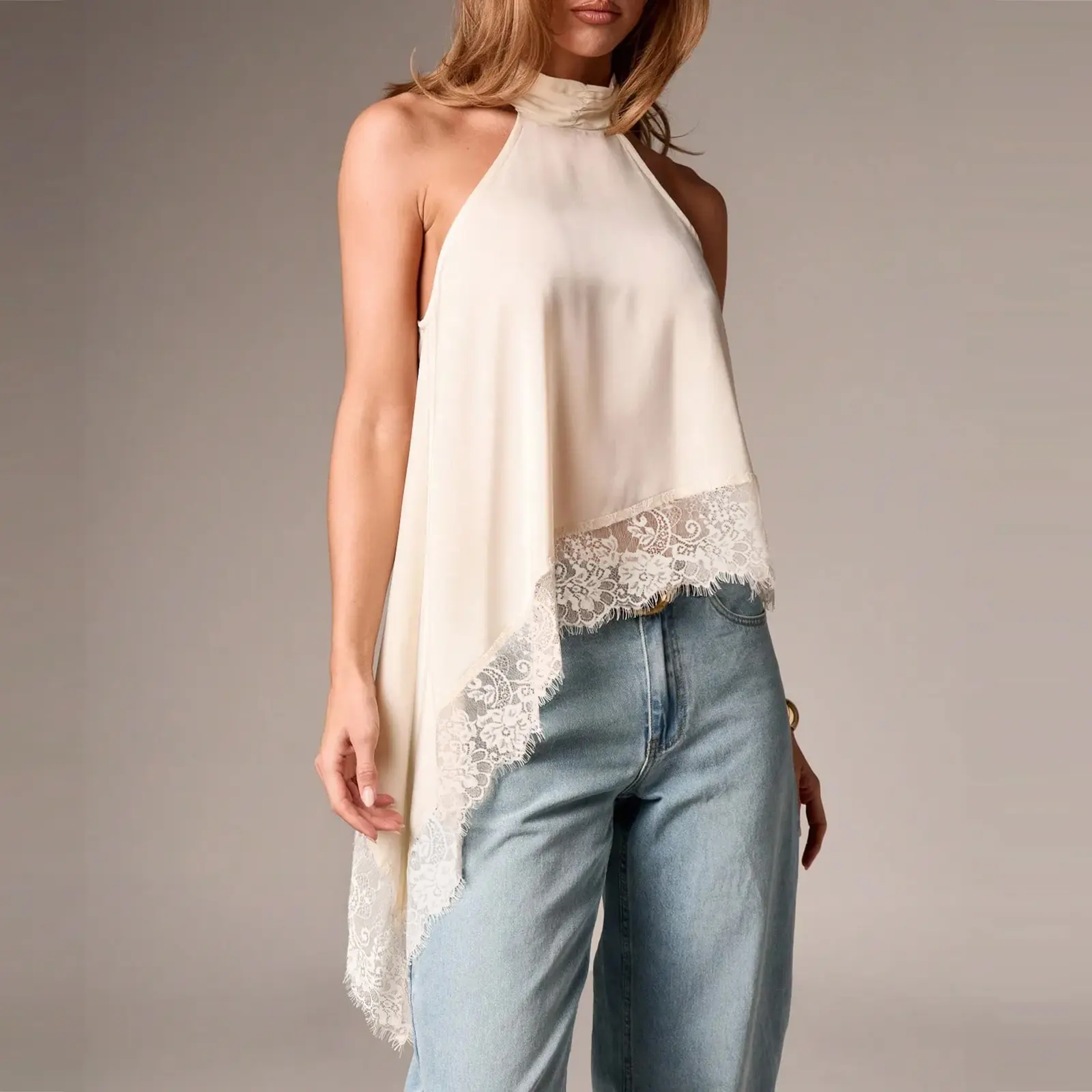 Women's Halter Tank Top, Sleeveless Polyester Tunic Blouse with an Open Back and Irregular Lace Hem for Summer, Casual Tank Top, Women's Clothes, Tops For Women