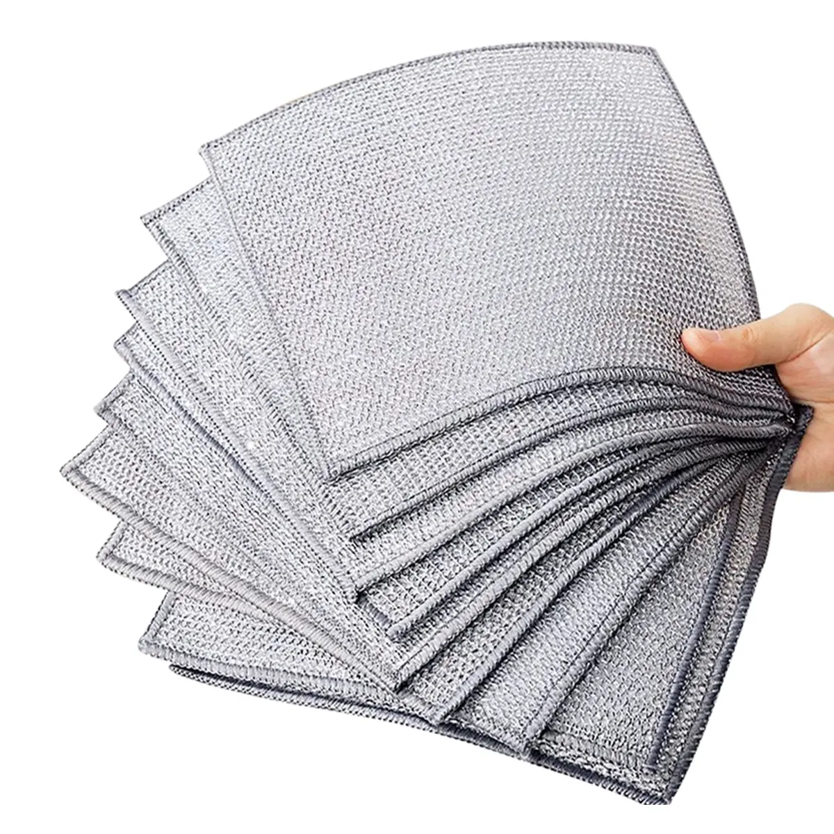 Upgraded Silver Metal Dish Washing Cloth 10Pcs, 2-Ply Non-Sticky Oil Cleaning Rag, Reusable Anti-Odor Kitchen Wipes for Household Cleaning, Anti-Bacteria, Double-Sided