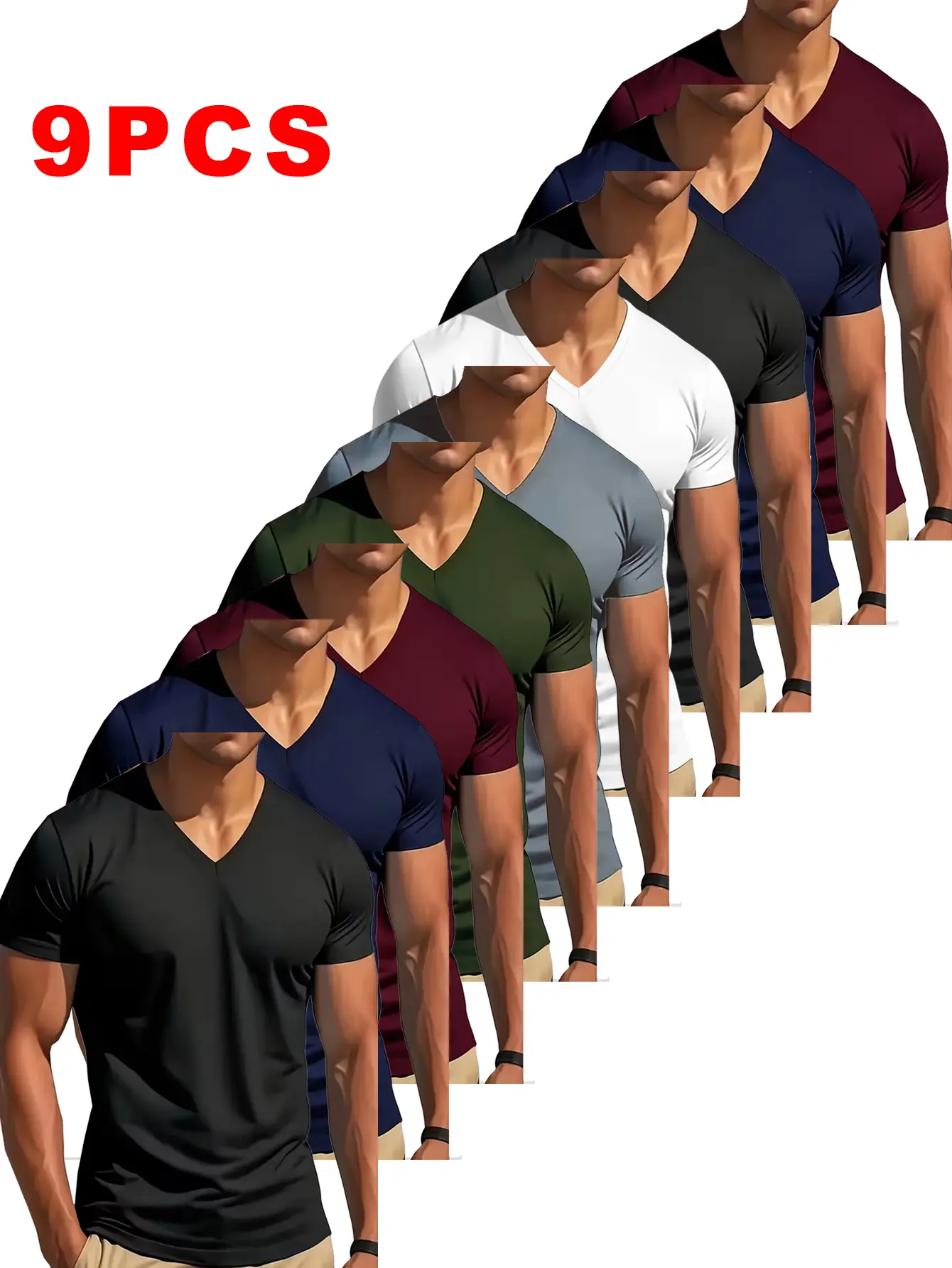 Men's 9-Pack V-Neck T-Shirts in Mixed Colors, Slim Fit Short Sleeve Polyester Top, Quick-Dry Breathable Base Layer Garment for Sports & Daily Wear, Tshirt, Shortsleeve, Fabric