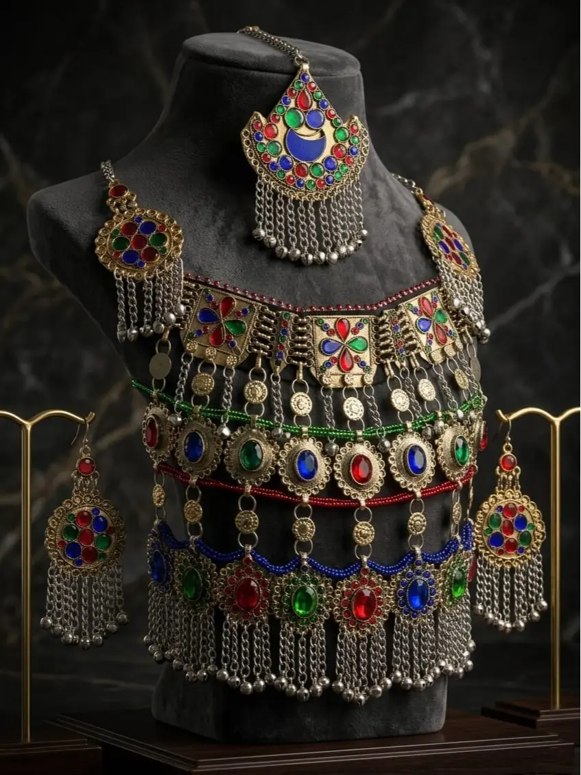 Afghan Kuchi Gold Necklace and Earring Set, Women's Bohemian Chunky Jewelry with Multicolor Gemstones, Ethnic Heavy Choker with Bling Effect for Festival Outfits, Necklaces For Women, Bohemian Outfits, Vibrant, Videos