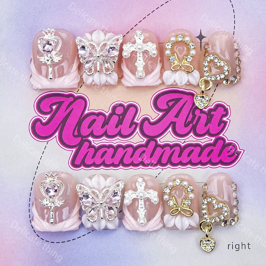 Delicatething Y2K Style Nail Set Manicure Nail Art French Design, Nail Design Kit, Nail Art Supplies, Includes Jelly Glue, Crystal Stick, File, Perfect Gift for Women, Handmade Reusable Nails