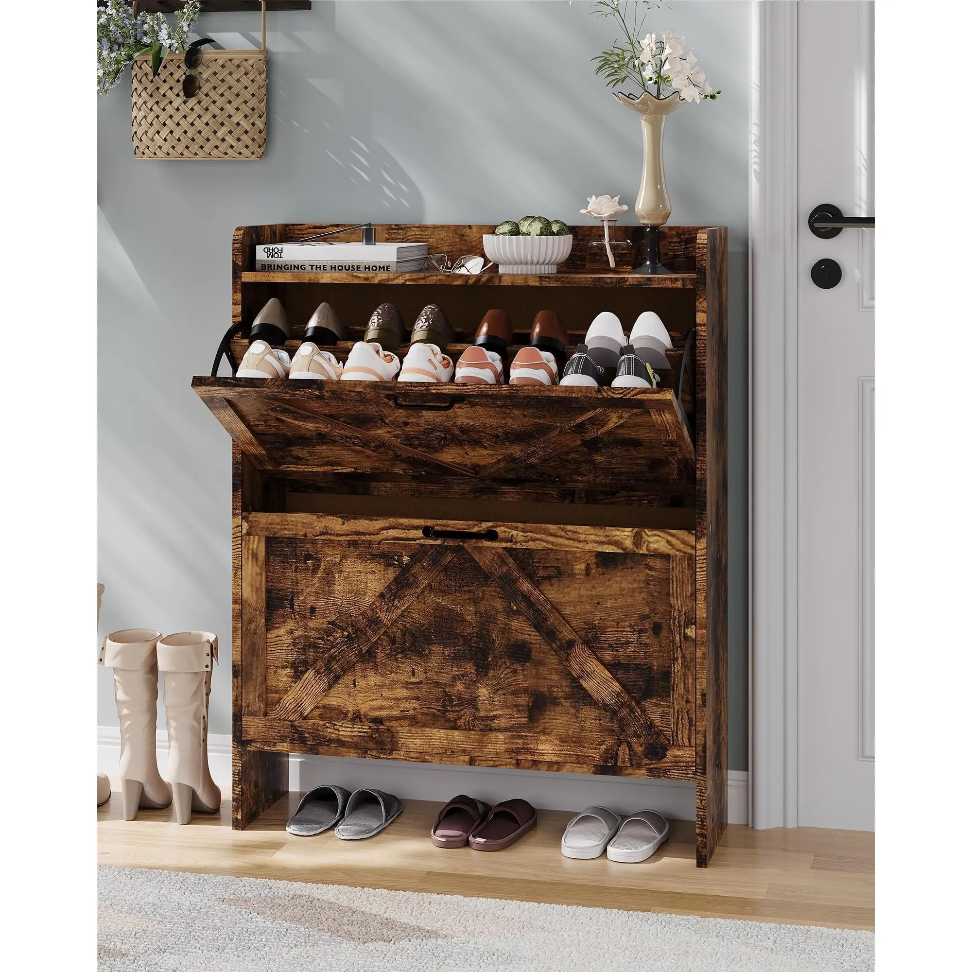 Garvee Narrow Shoe Cabinet with 2 Foldable Drawers and Adjustable Shelves, Hidden Organizer for Entryway and Living Room, Available in Rustic, Natural Wood, and Black, 80x24x102 cm
