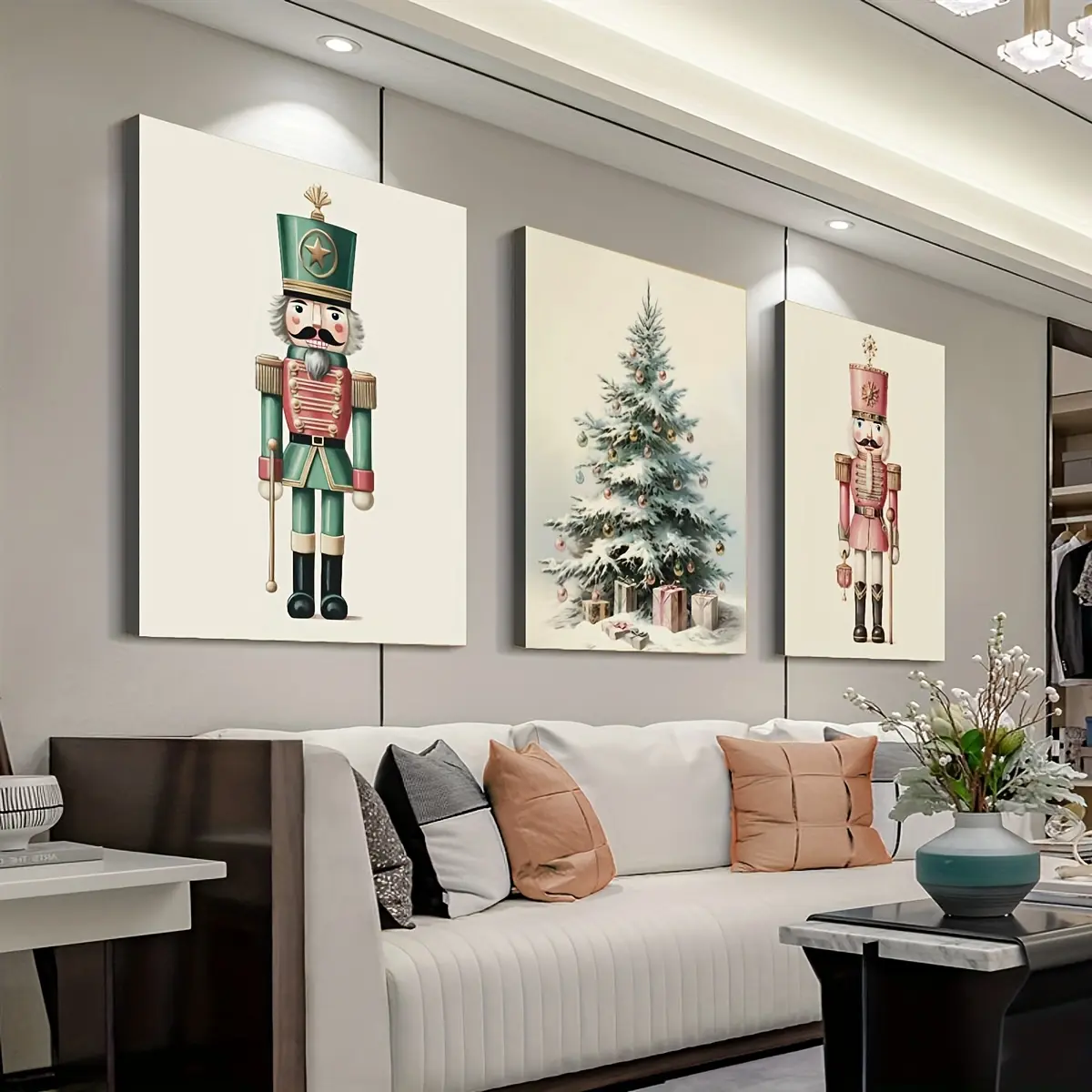 Farmhouse 3-Piece Waterproof 2D Flat Print Nutcracker & Christmas Tree Wall Artwork - Glossy Hanging Home Decor, Box-Included for Living Room, Kitchen, 4th of July, Military, Carnival, Wardrobe, Back to School Use, Thanksgiving
