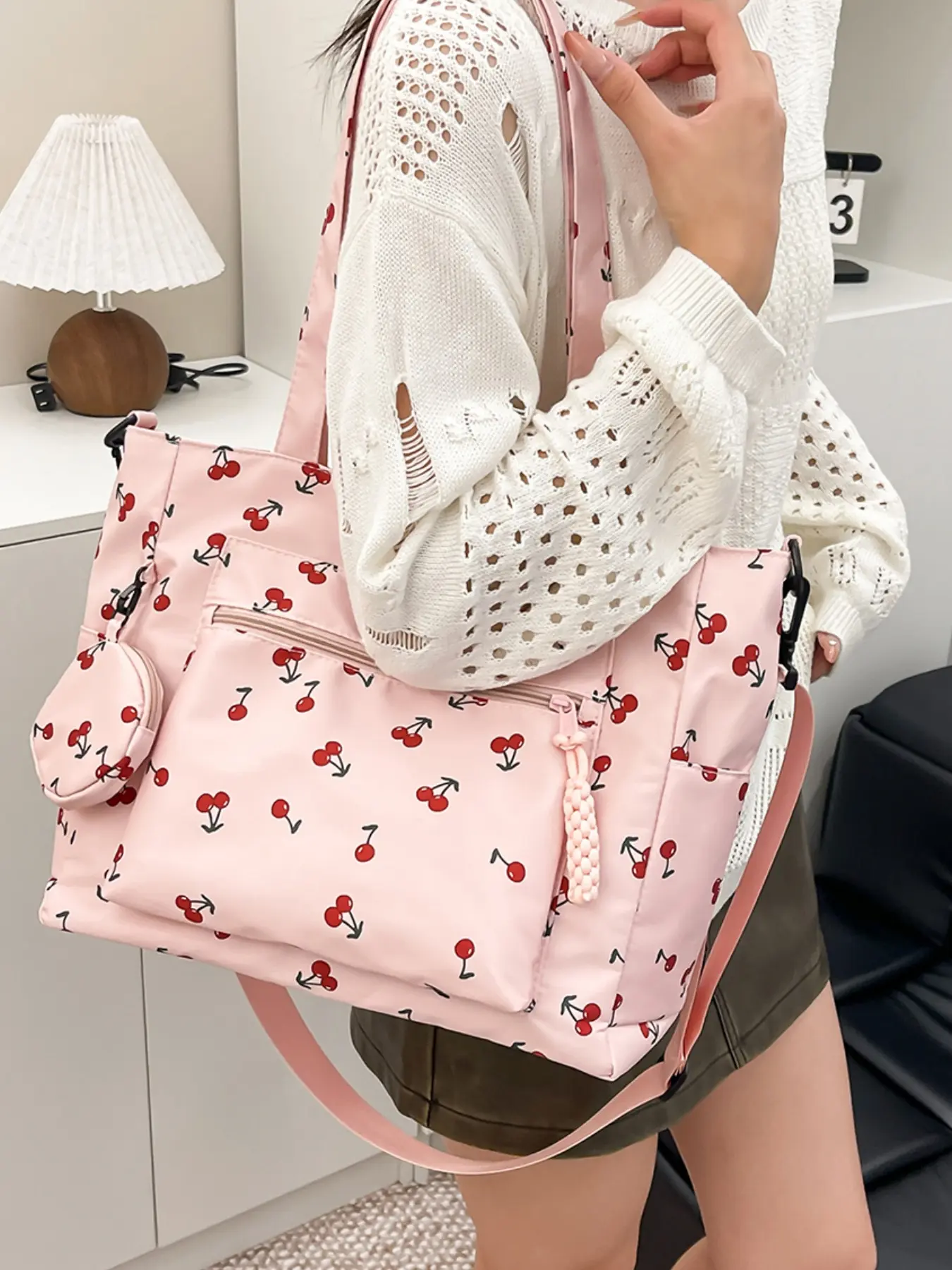 Autumn Winter New Cherry Floral Cute Large Capacity Satchel, Sweet Student Style Crossbody Shoulder Handbag with Coin Pocket, Tote Bag, Charming Floral Print, Stylish Crossbody Bag, Versatile Bag, Crossbody Purse