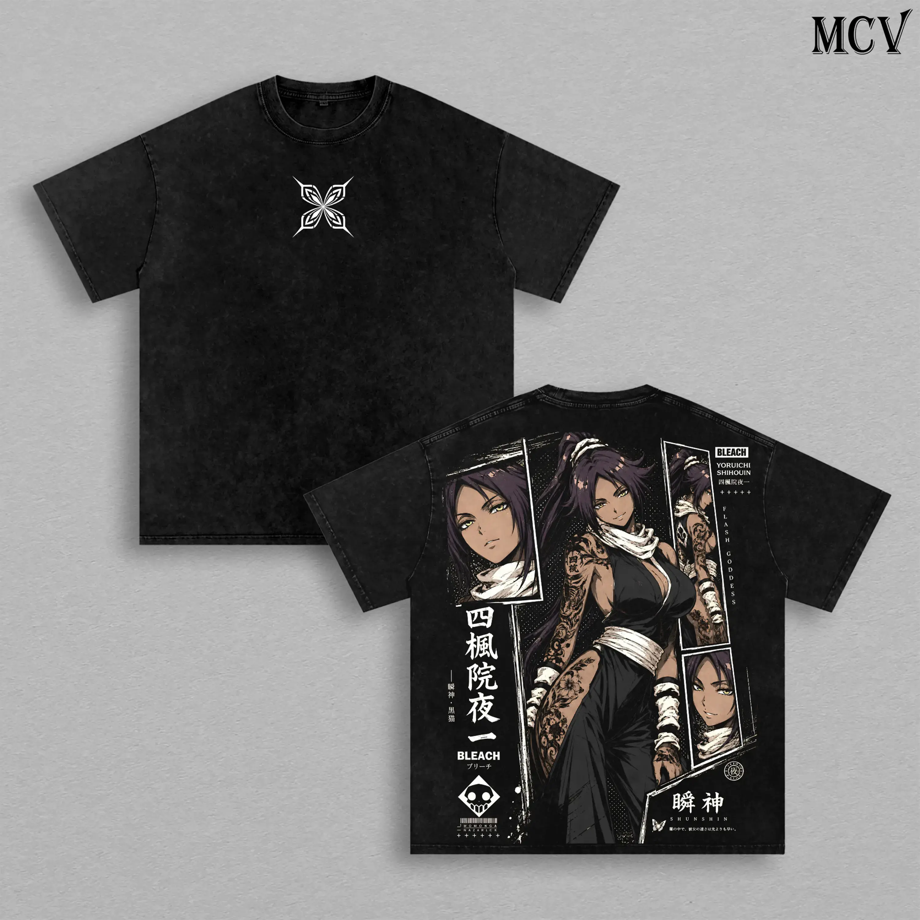 Menswear Yoruichi Shihōin Bleach Casual Classic Short-Sleeve Round Neck Tee - Vintage Washed Heavy Cotton Unisex Oversized Streetwear Top, Japanese Irezumi Gothic Blackwork Tattoo Art Flash Goddess Anime Manga Graphic