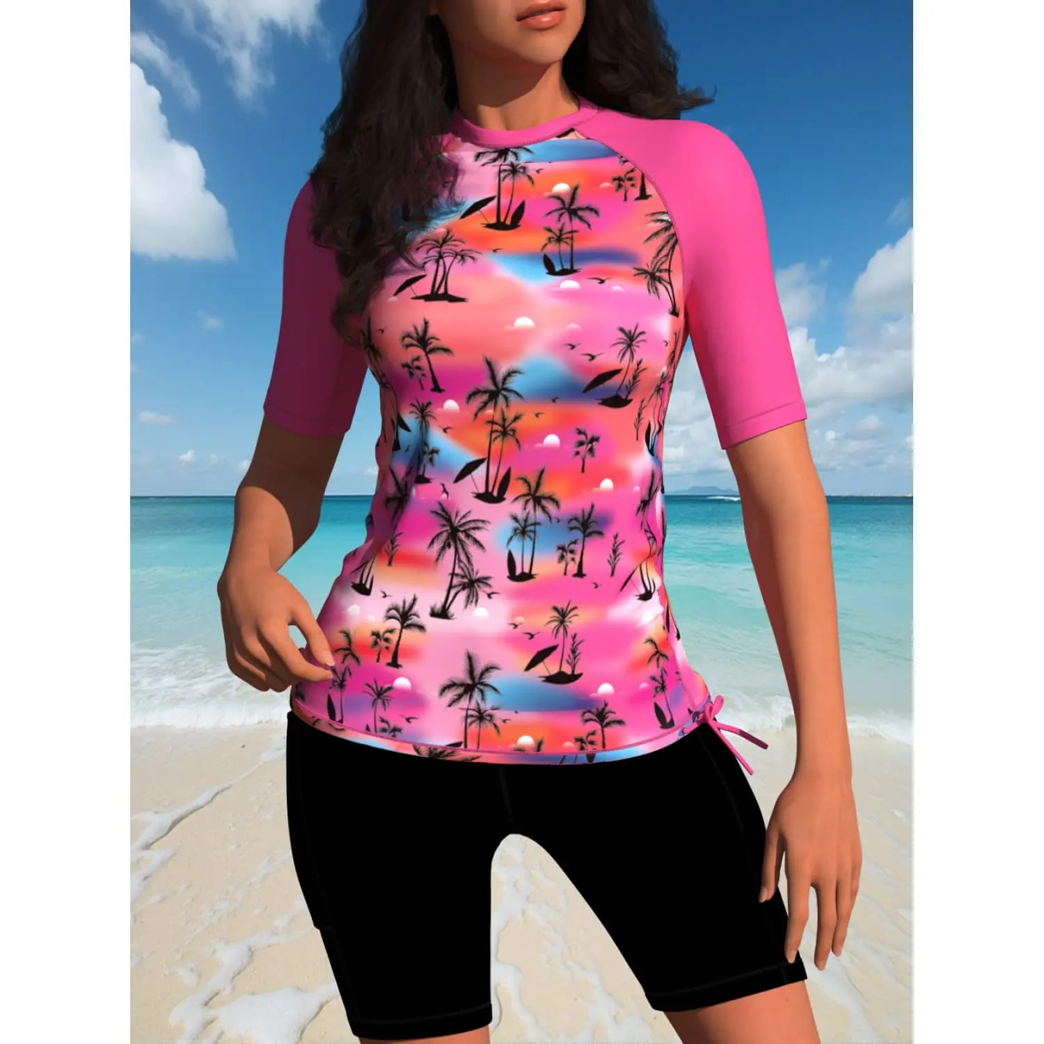 Women's Tropical Palm Print Long Sleeve Rash Guard - Quick-Dry Swim Top with UPF 50+ Sun Protection for Surfing, Beach - Multiple Colors Rashguard, Multiple Colors Women's Rashguard