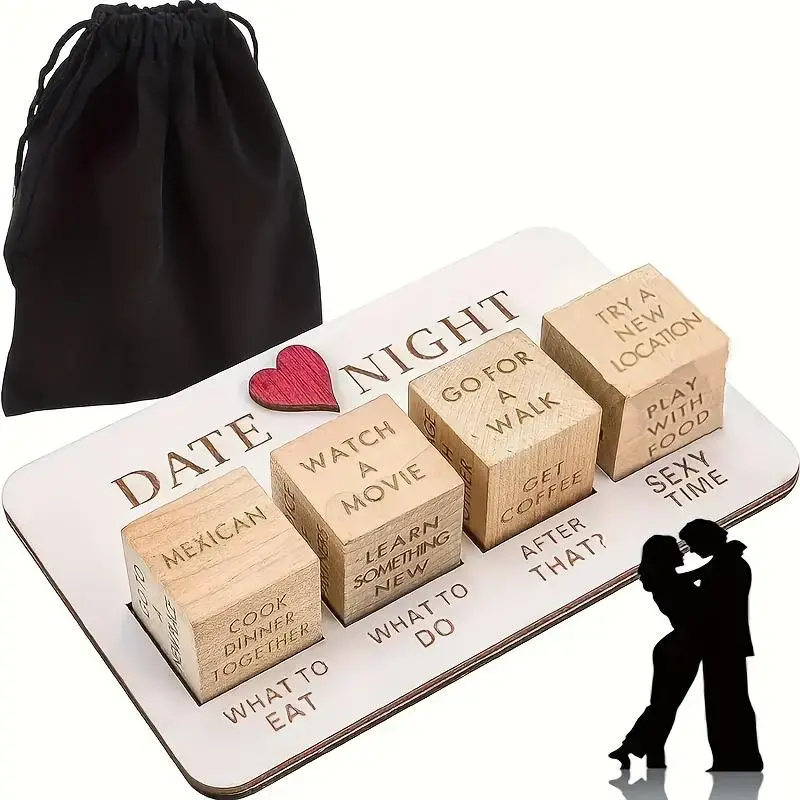 Romantic Christmas Night Wooden Dice Game Set for Couples - This portable and creative wooden dice game set is the perfect romantic gift for husbands, wives, girlfriends, or boyfriends. It comes with a storage bag (containing 5 dice). Fun Effortless