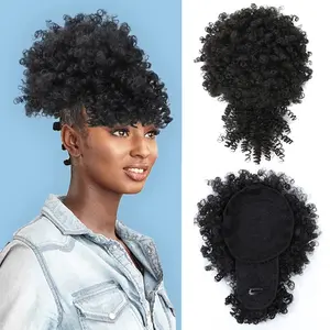Fayasu Afro Puff Drawstring Ponytail with Bangs Short Ponytail Hair Extension Black Girl Kinky Curly Hair Clip in Bangs Updo Hairpieces for Black Women (1B)