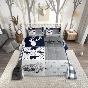 Feelyou Lodge-Style Rustic Charm Microfiber Bedding Set, Deer & Bear Woodland Wildlife Duvet Set with Rustic Buffalo Plaid Patchwork Down Comforter for Camping & Bedroom