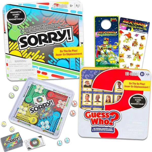 Magnetic Travel Game Set for Kids, Bundle with Sorry and Guess Who Travel Games in Tin, Portable Family Games with Stickers, Fun Travel Games for Kids Ages 8–12