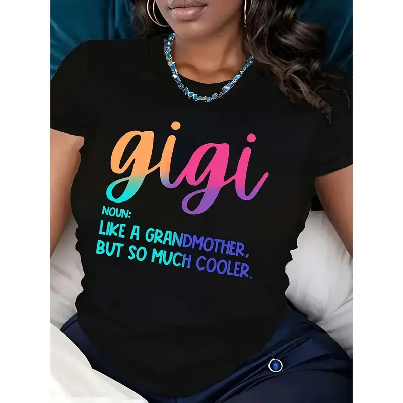 Casual Crew Neck T-Shirt with Gigi Alphabet Print, All Season Comfort Fit, Knit Fabric Tee