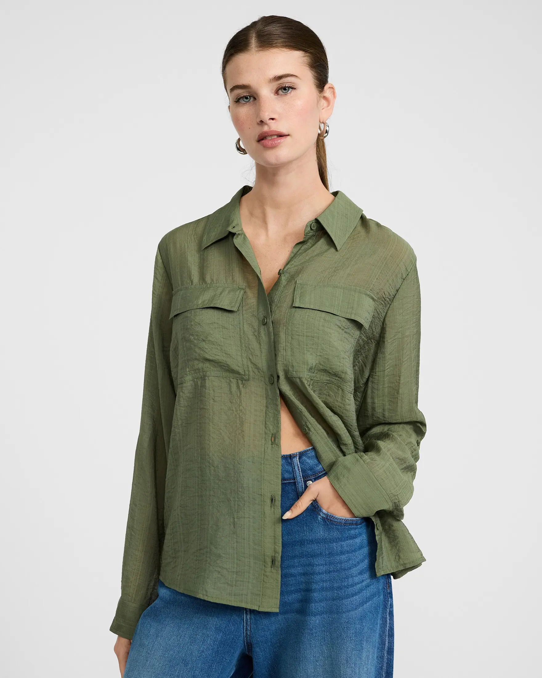 Express Crinkled Rayon Voile Rolled Sleeve Utility Portofino Shirt, Casual, Button