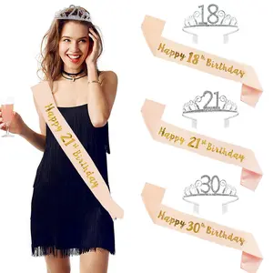 Happy Birthday 18th 30th 40th 50th Rose Gold Satin Sash Crystal Crown Tiara Adult Birthday Party Decoration Anniversary Supplies