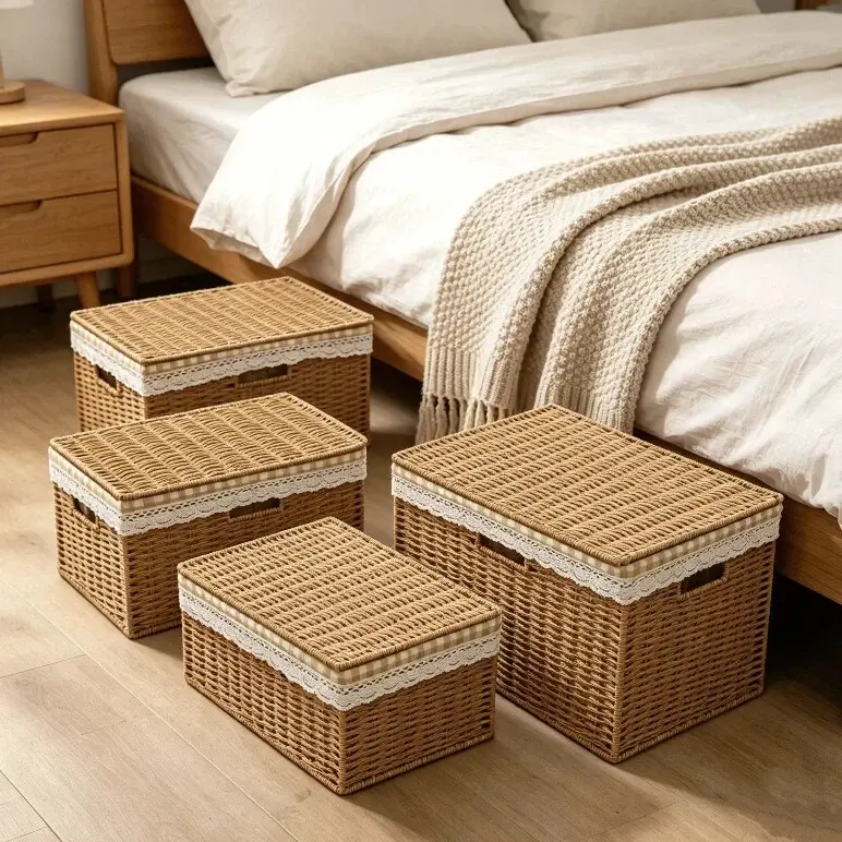 CNCEST 4-Pack Large 16 in Universal Rectangle Stackable Lace-Trimmed Rope-Woven Storage Baskets - Eco-Friendly Natural Paper Rope, Collapsible Cube Organizers, Basket Storage, Gift-Ready Housewarming for Closet Clothes, French Country Room Accessories