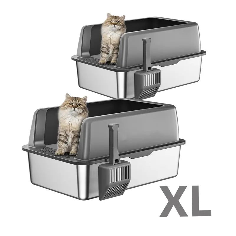 MISOFOG 2-Pack Large Stainless Steel Cat & Rabbit Litter Tray with Lid - High-Sided, Non-Sticky, Anti-Leakage, Easy Maintenance, Odor Control, 22.9in x15in x10.3in Metal Litter Box with 2-pack Convenience