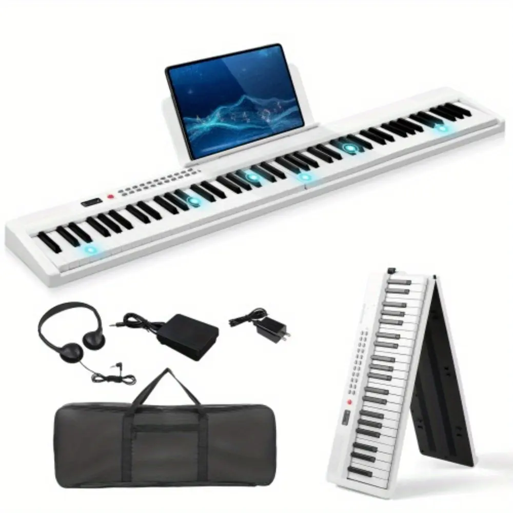 88-Key Foldable Semi-Weighted Multifunction Standard Electronic Piano (GPP-106) - White, with Handbag and Headphone for Piano Lovers, Music Keyboard, Digital Piano Keyboard