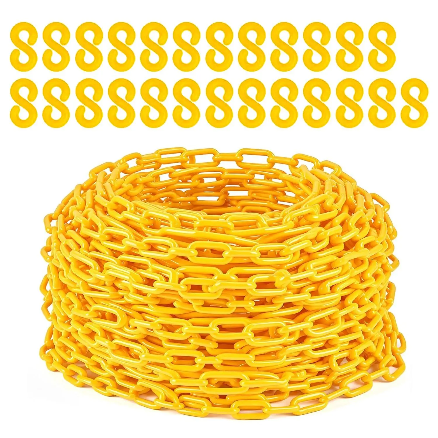 120FT Plastic Barrier Chain with 25 Hooks, UV-Resistant Safety Chain for Crowd Control, Parking, Driveways & Construction, Yellow