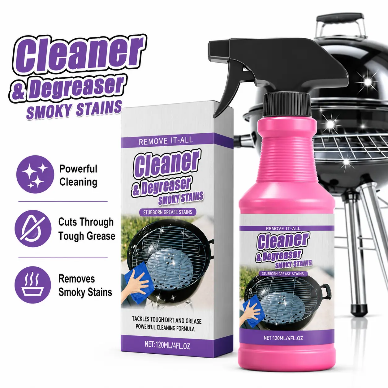 120ML Household All-Purpose Kitchen Cleaner Spray - Powerful Degreaser, Easy-to-Use Home Supplies for Barbecue Grill, Stove, Oven Smoky Stain Removal