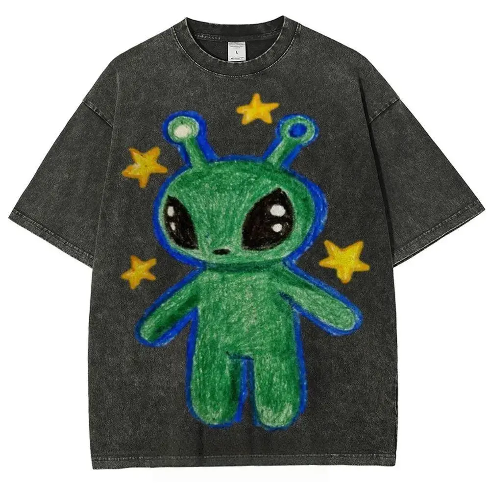Cute Alien Unisex Vintage Washed Tee, Unisex Vintage Washed Tee, Vintage Coloful Tee - Oversized Shirt - Natural & Animal Planet Unisex Streetwear Casual Prints Top