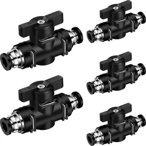 5 count Pneumatic Ball Valve Push to Connect Fittings 1/4" x 1/4" OD PVC Air Flow Control Valve Air Straight Union Quick Connect Hose Fittings