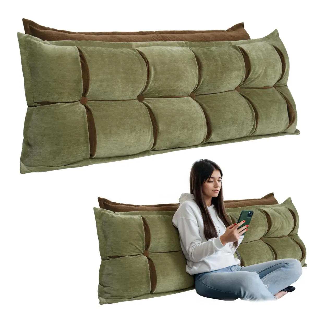 Two-Tone Tufted Headboard Pillow, Large Velvet Wedge Bed Rest Cushion, Soft Plush Back Support Pillow for Full/Queen Size Beds, Green & Brown Decorative Headrest Cushion