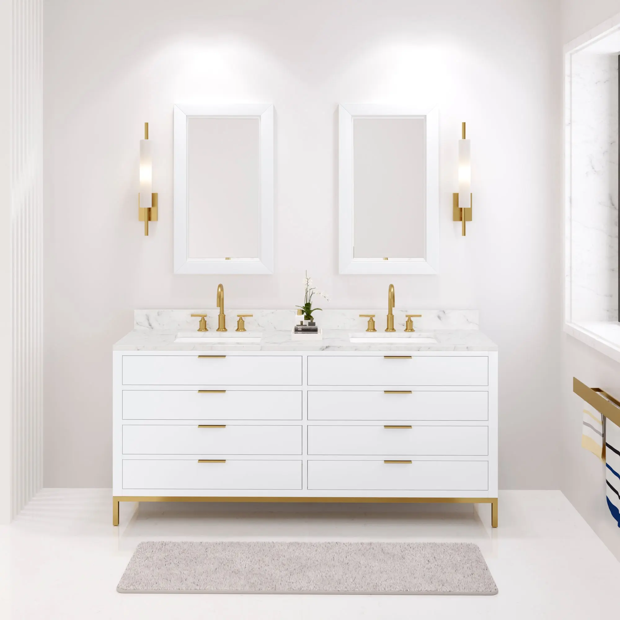 Water Creation Bristol 72" Double Sink Carrara White Marble Countertop Bath Vanity in Pure White with Satin Gold Gooseneck Faucets