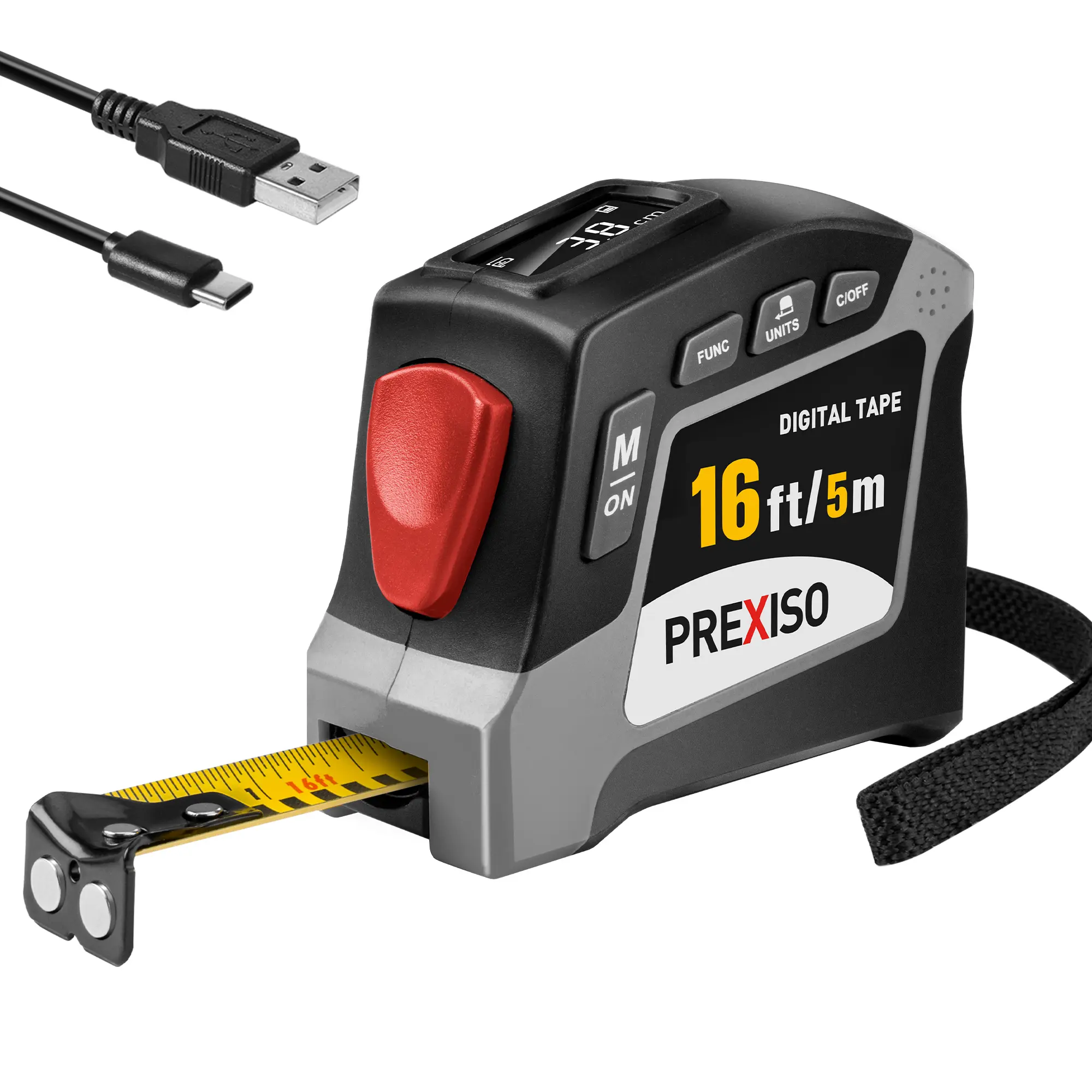 #BacktoSchool PREXISO 2-in-1 Digital Tape Measure - 16Ft Rechargeable Digital Measuring Tape Ruler Ft/Ft+in/in/M/CM/MM Unit, Metric & Inches Retractable Measurement Tape Tools, Auto Lock, Pythagorean, Area, Volume