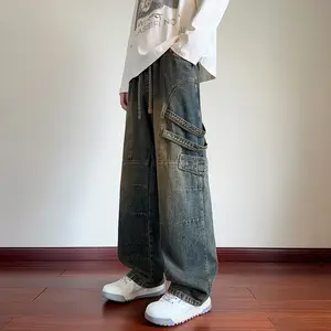 Men’s new spring loose casual straight-leg cargo pants; heavyweight washed floor-length denim jeans; solid-color retro loose straight-leg trousers; cargo casual denim pants suitable for everyday wear