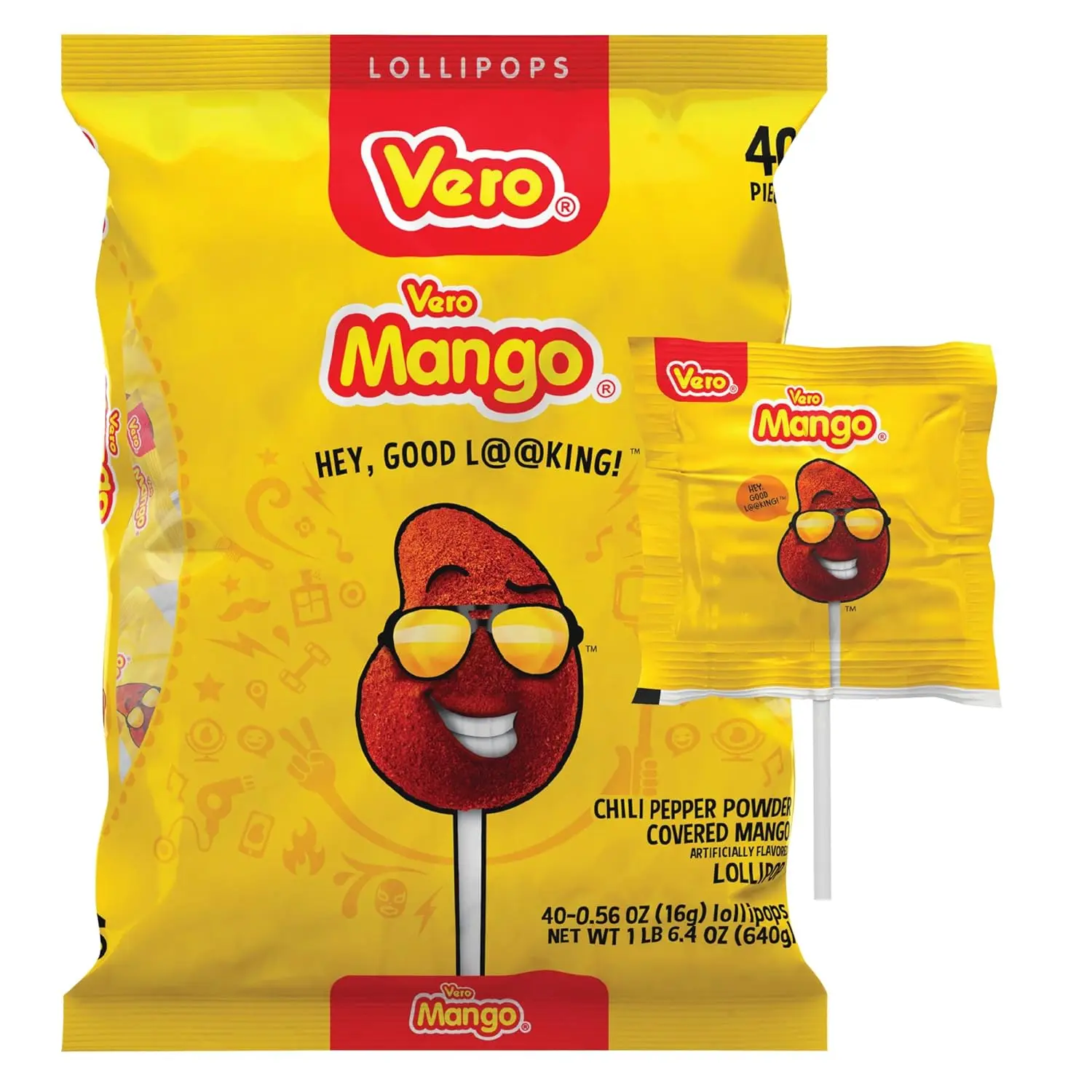 Vero Mango Lollipops Coated with Chili Powder Hot and Sweet Candy Treat, Artificially Flavored 40 Count