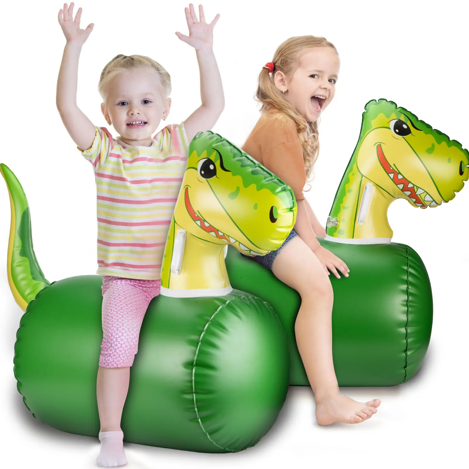 Jump Jump Dinosaur inflatable toy with handle for indoor/outdoor/beach use; birthday gift for boys and girls ages 3+.