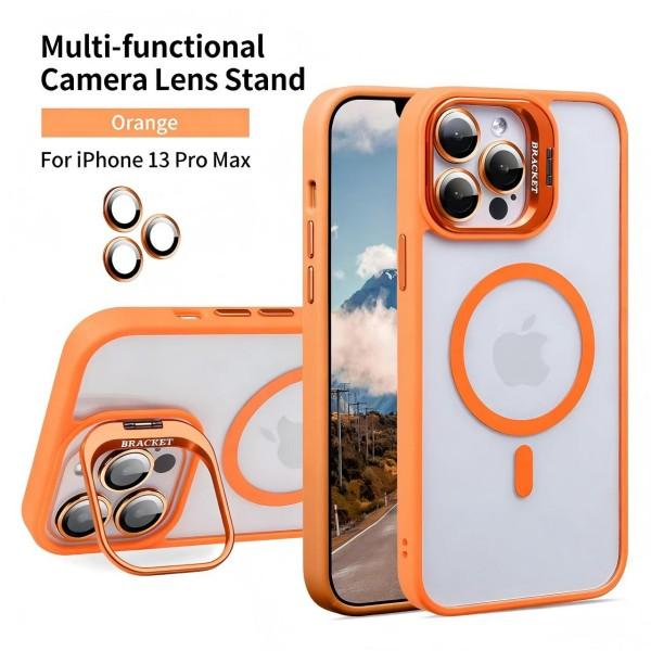 MagSafe case for iPhone 12–17 series with camera lens stand, shockproof, includes free lens protector, supports wireless charging