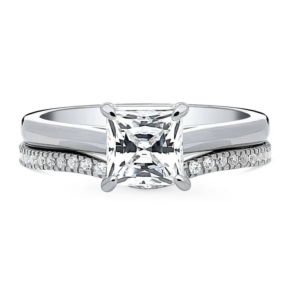 BERRICLE Sterling Silver Solitaire Wishbone Engagement Promise Rings Stackable Band for Her, 1.2 Carat Princess Cut Cubic Zirconia CZ Ring Set