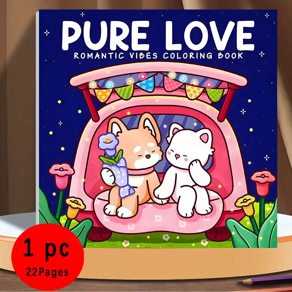Pure Love Romantic Vibes, Coloring Book for Adults & Kids, 22 Kawaii Romantic Couple Animal Coloring Pages, 120gsm Thick Paper No Bleed Through, Easy to Color Stress Relief, Relaxation Book, Valentine's Day Gift for Love & Kawaii Lovers