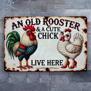 Charming Vintage Rooster & Cute Chick Metal Sign, Perfect for Home Bar Cafe Garden Decor, Pre-Drilled Easy Hang, Humorous Quote, Christmas Gift