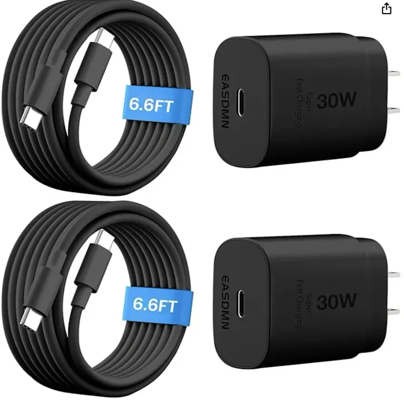 30W USB-C Power Adapter with 6.6 ft. USB-C Cable, 2-Set Bundle
