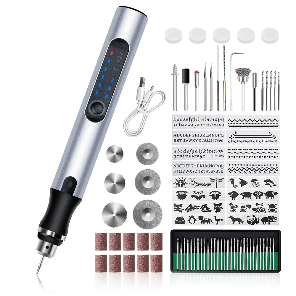 Silver USB Rechargeable Engraving Pen Set - Batteries Built-In, Portable Multi-Function Electric Grinding Pen for Wood/Metal/Glass Fine Processing, Processes Materials, DIY Power Tool Must-Have
